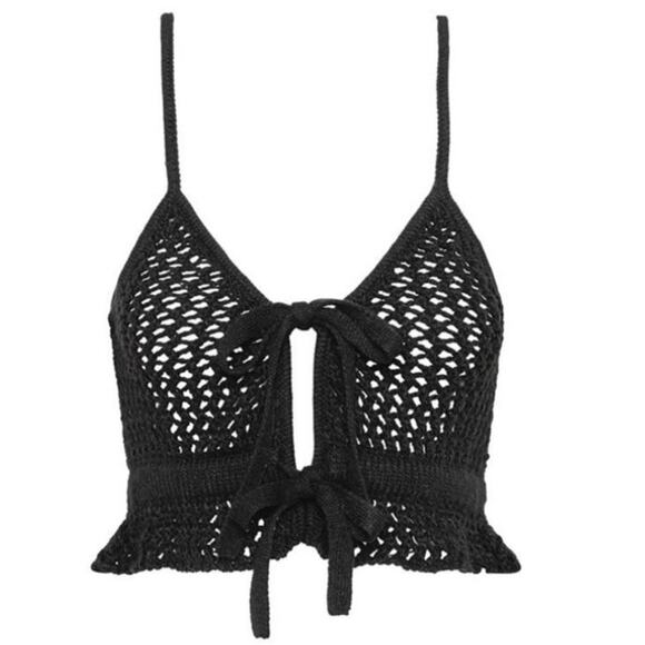 NWT For Love & Lemons Black Crochet Top with Ties - Picture 1 of 8
